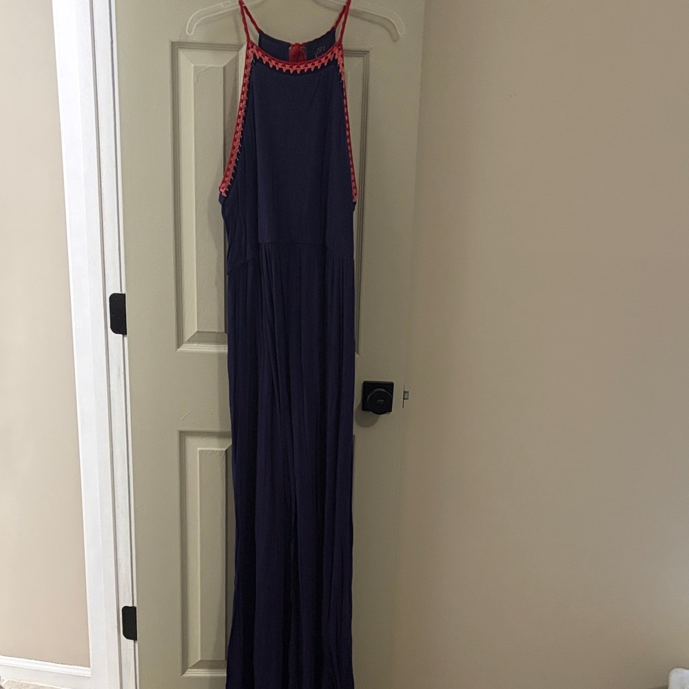 LOFT Navy Maxi Dress with Coral Trim